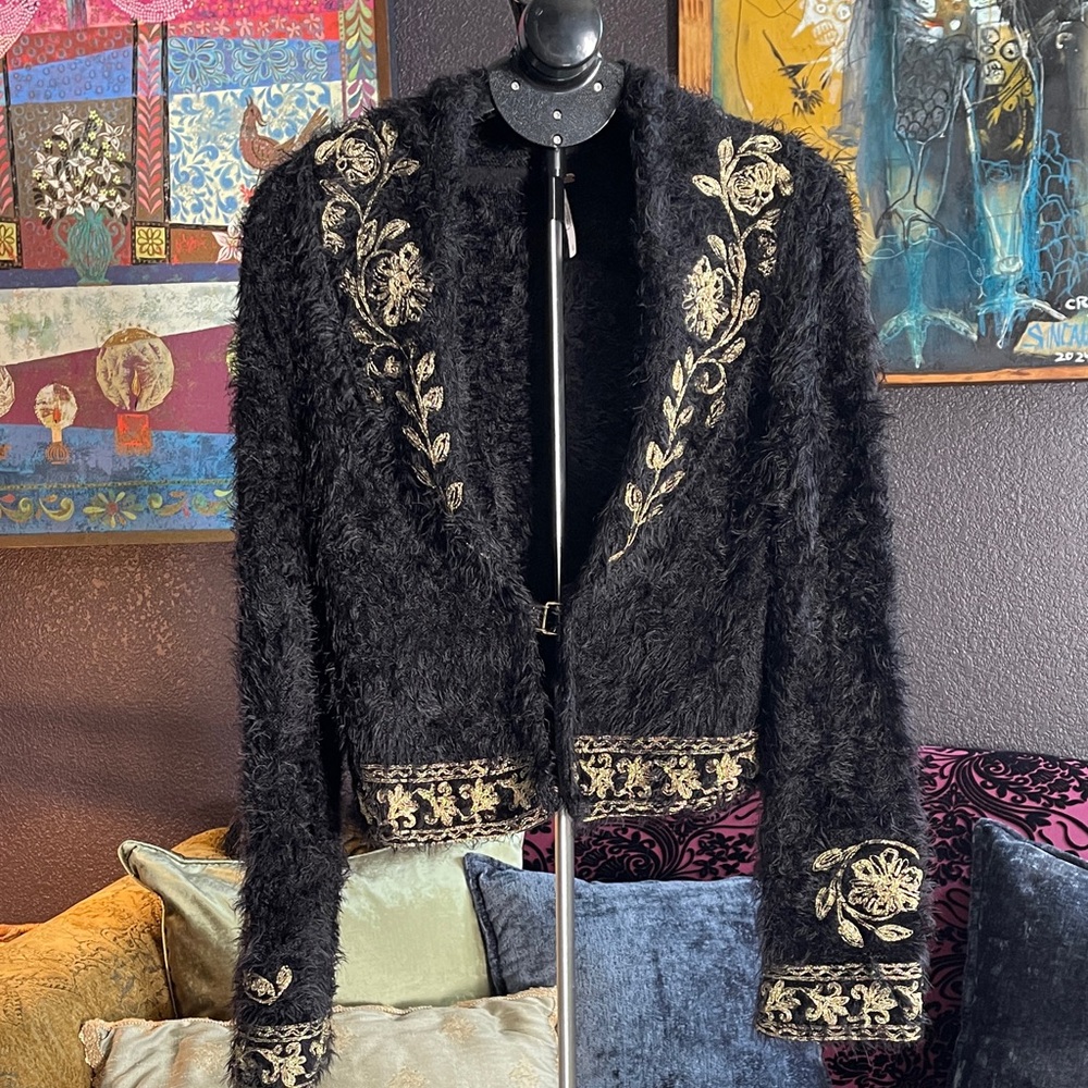 Free People Black Teddy Jacket with Gold Embroidery